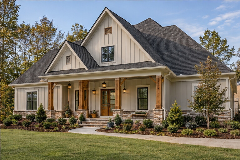 Completed home exterior with a new roof and siding